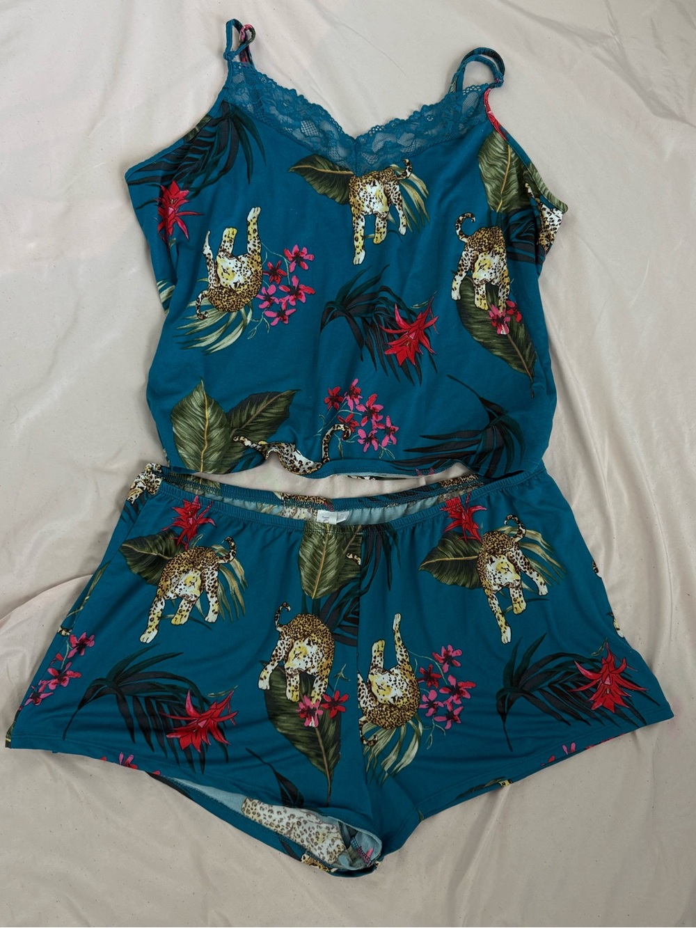 Joyspun Tropical Leopard Pajama Set XL Teal Lace Cami Shorts 2 Piece Lounge XL